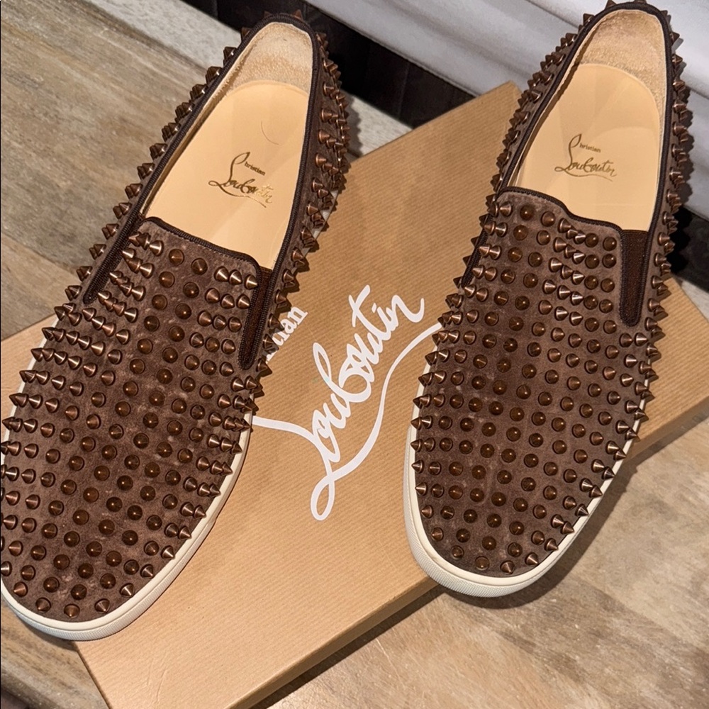 Christian Louboutin Men's Brown Spiked Loafers